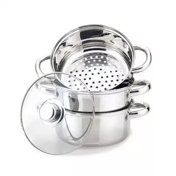 MEO Stainless Steel Steamer Pot Set 4L, 22 cm, 3-Tier, Induction Compatible, Silver MR-2900-22