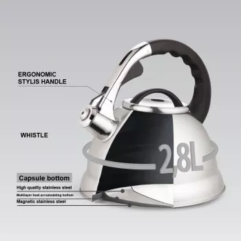 MEO Stovetop Kettle 2.8L MR-1328 MAESTRO Stainless Steel Whistling Tea Kettle with Heat-Resistant Bakelite Handle, Induction & All Hob Compatible, Silver