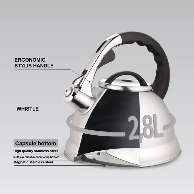 MEO Stovetop Kettle 2.8L MR-1328 MAESTRO Stainless Steel Whistling Tea Kettle with Heat-Resistant Bakelite Handle, Induction & All Hob Compatible, Silver