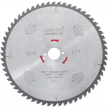 Metabo 628222000 Precision Cut Classic Circular Saw Blade 254x30x2.4mm, 60 Teeth, FZ/TR, Negative Hook, for KS 254 Plus, KGS 254 M, KGS 254 Plus, KGS 254 I Plus