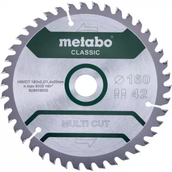 Metabo MULTI CUT CLASSIC Circular Saw Blade 160 x 20 x 1.4 mm, 42 Teeth, TCT, for Wood, Coated Wood, Plastics 628658000