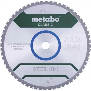 Metabo STEEL CUT CLASSIC Circular Saw Blade 305 x 25.4 x 2.2 mm, 60 Teeth, Tungsten Carbide TCG, Negative Hook, for Dry Cutting Steel 628668000