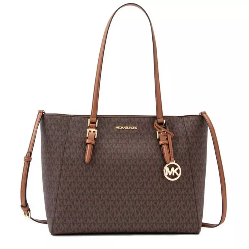 Michael Kors Jet Set Travel Saffiano Leather Tote Bag - Women's Brown Tote with Gold-Tone Hardware (42x28x10 cm)