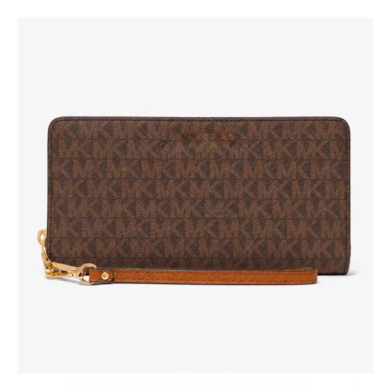 Michael Kors Women's Jet Set Travel Wristlet Brown Signature Canvas Zip-Around Gold-Tone Hardware 35S6GTVE9BBRO