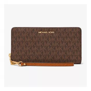 Michael Kors Women's Jet Set Travel Wristlet Brown Signature Canvas Zip-Around Gold-Tone Hardware 35S6GTVE9BBRO