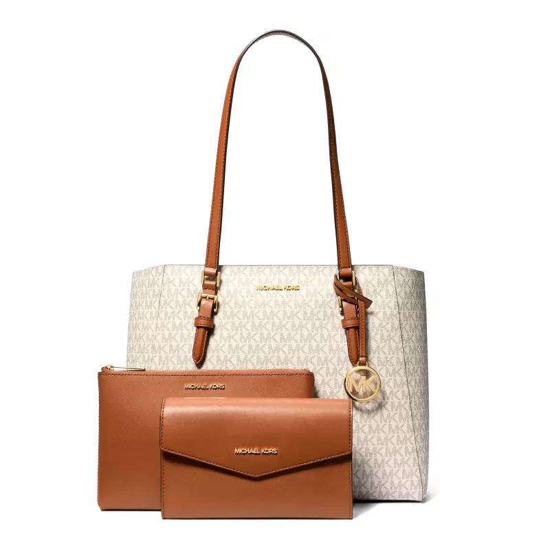 Michael Kors Women's Saffiano Leather Bag Set – Tote and Pouch (Vanilla) – Model 35F3GCFT9TVAN
