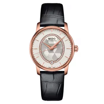 MIDO Baroncelli III Lady Automatic Watch 33mm Rose Gold PVD White Mother-of-Pearl Dial Diamond Markers White Leather Strap