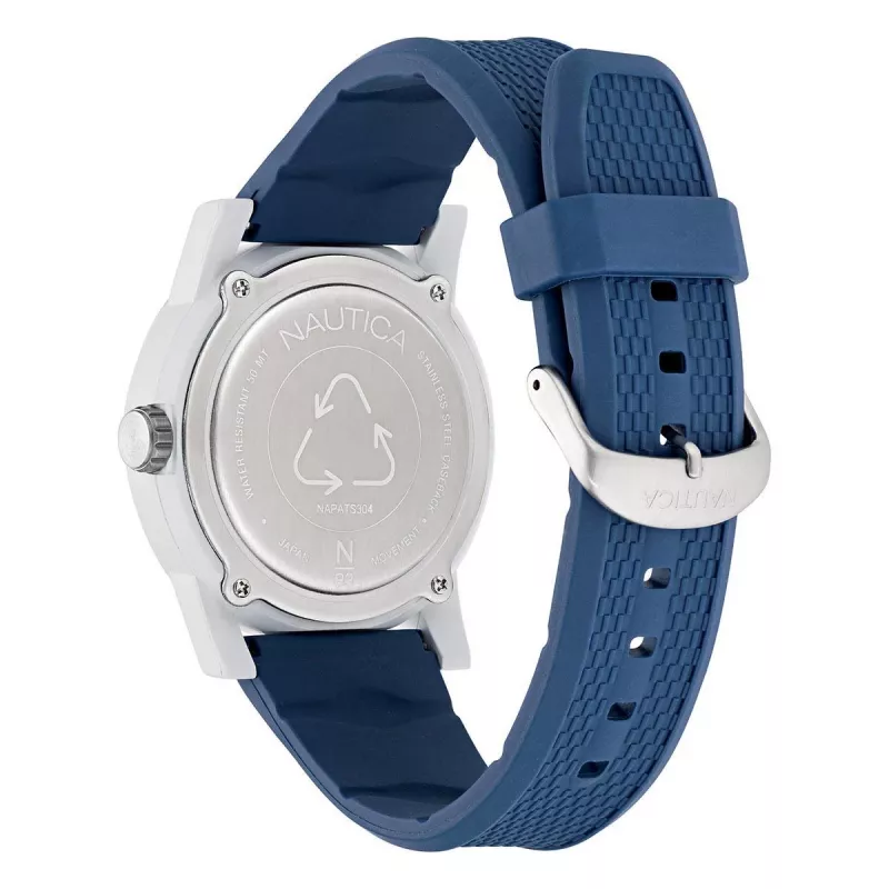 NAUTICA NAPATS304 Men's Quartz Analog Watch, 42.5mm Stainless Steel Case, Blue Silicone Band, 100m Water Resistance
