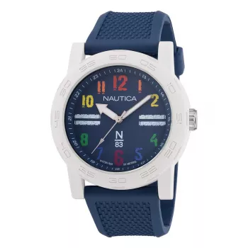 NAUTICA NAPATS304 Men's Quartz Analog Watch, 42.5mm Stainless Steel Case, Blue Silicone Band, 100m Water Resistance