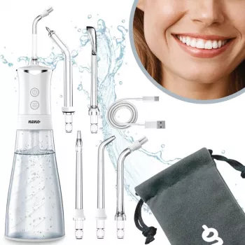 NENO Pulsar White Portable Dental Irrigator with 300 ml Tank, 3 Pressure Modes, USB-C Rechargeable, IPX7 Waterproof, 4 Nozzles