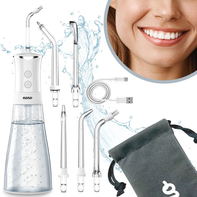 NENO Pulsar White Portable Dental Irrigator with 300 ml Tank, 3 Pressure Modes, USB-C Rechargeable, IPX7 Waterproof, 4 Nozzles