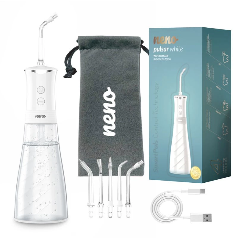 NENO Pulsar White Portable Dental Irrigator with 300 ml Tank, 3 Pressure Modes, USB-C Rechargeable, IPX7 Waterproof, 4 Nozzles