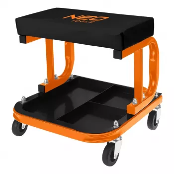 NEO TOOLS 11-604 Rolling Workbench Stool with Tool Shelf, Pneumatic Height Adjustment 380-500 mm, 135 kg Load, 5 Swivel Casters, Oil-Resistant Vinyl Seat