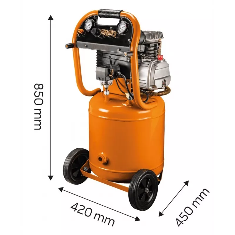NEO TOOLS 12K010 Vertical Oil-Lubricated Air Compressor, 40 L Tank, 230 V, 1.5 kW, 8 bar, 206 L/min Suction, Wheels and Handle