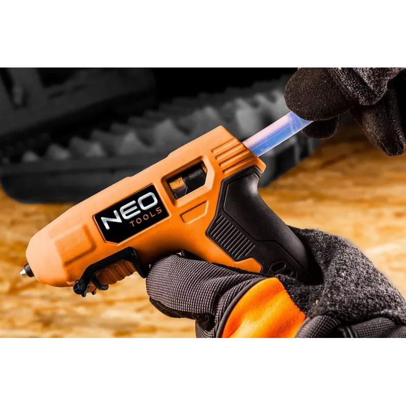 NEO Tools 17-083 20W Corded Hot Glue Gun with Anti-Drip Nozzle, 11mm Glue Sticks, Integrated Stand, 230V, Orange/Black
