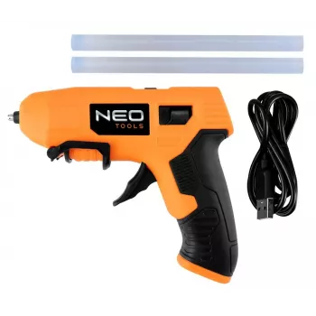 NEO Tools 17-083 20W Corded Hot Glue Gun with Anti-Drip Nozzle, 11mm Glue Sticks, Integrated Stand, 230V, Orange/Black