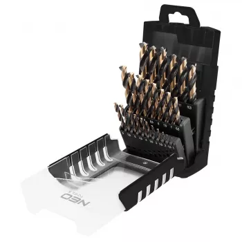 NEO TOOLS 25-Piece HSS-CNC Metal Drill Bit Set, 124° Point Angle, Pro-Tec, 1.0–13.0 mm