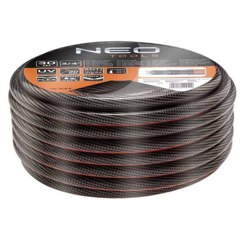 NEO TOOLS 3/4 inch x 30m 6-Ply Reinforced PVC Garden Hose, 25 Bar Burst Pressure, UV & Algae Resistant, Green