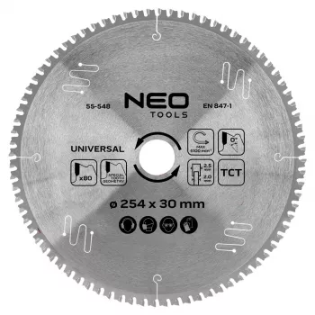 NEO TOOLS 55-548 Tungsten Carbide Tipped Circular Saw Blade, 254 mm x 30 mm, 80 Teeth, Universal