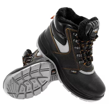 NEO TOOLS 82-022 S1P SRC Low-Cut Safety Shoes with Steel Toe Cap and Midsole, Suede Leather and Mesh Upper, Dual-Density PU Sole, Black with Grey and Orange Accents, Size 42