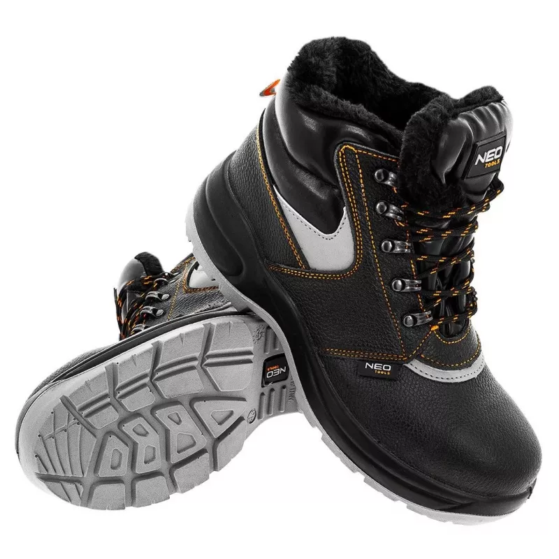 NEO TOOLS 82-022 S1P SRC Low-Cut Safety Shoes with Steel Toe Cap and Midsole, Suede Leather and Mesh Upper, Dual-Density PU Sole, Black with Grey and Orange Accents, Size 42