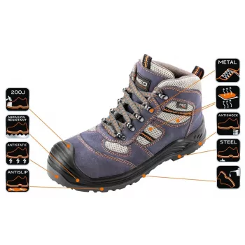 NEO TOOLS 82-046 S1P SRC Steel Toe Safety Shoes with Anti-Puncture Midsole, Suede Leather and Mesh, Black/Grey, EU 39-47
