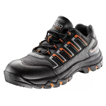 NEO TOOLS 82-718 S1P SRC Low-Cut Safety Shoes with Steel Toe Cap and Anti-Puncture Midsole, Suede Leather, Black/Grey