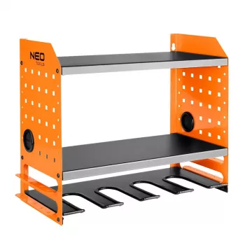 NEO TOOLS 84-199 Wall-Mounted Power Tool Organizer Shelf for Cordless Drills and Accessories, Black with Red Accents
