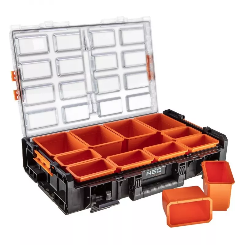 NEO Tools 84-268 Art & Craft Supplies Organizer with 18 Adjustable Compartments, Transparent Lid, and Carrying Handle