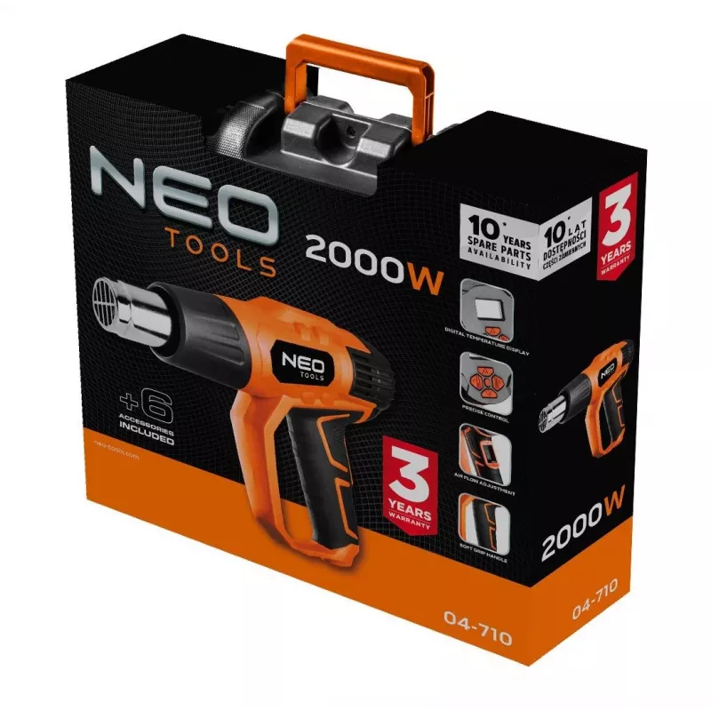 NEO TOOLS Heat Gun 2000W with LCD Display, 50°C & 70-600°C, 4 Nozzles, Scraper, Carrying Case