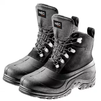 NEO TOOLS Men's Snow Boots, Size 43 - Black Winter Lace-Up Ankle Boots with Faux Fur Lining, Water-Resistant, Anti-Slip TPR Sole