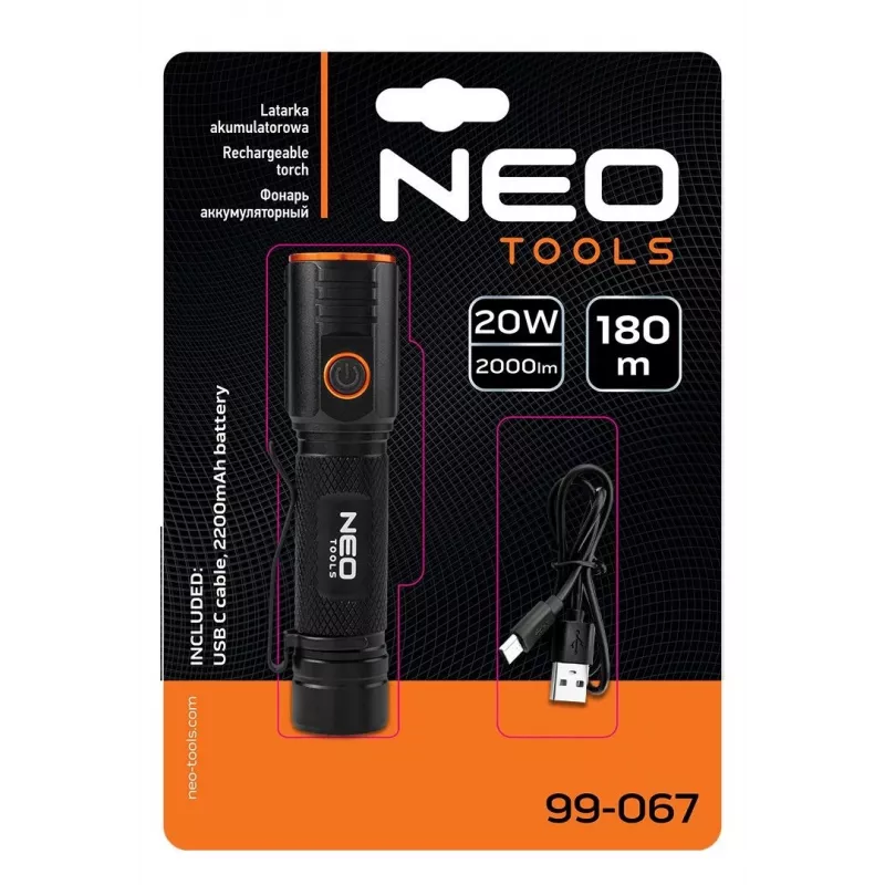 NEO TOOLS USB C 2000 lm CHN LED Rechargeable Flashlight
