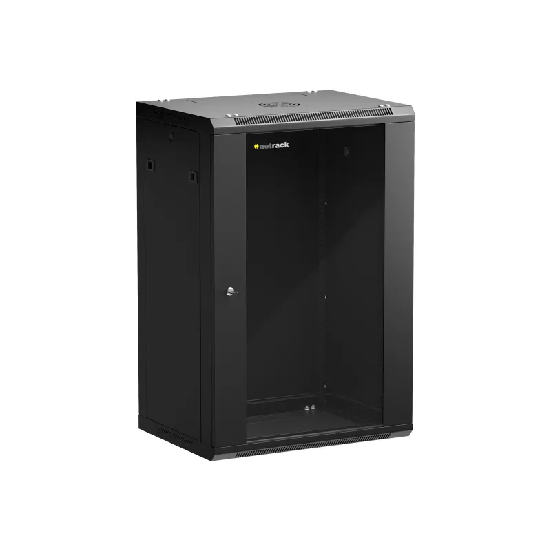 NETRACK 019-180-645-022 Wall/Hanging Cabinet 19 inch 18U 450mm Glass Door Black Removable Side Panels