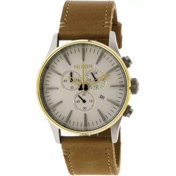 NIXON A4052548 Men's 42mm Stainless Steel Watch with Black Leather Strap