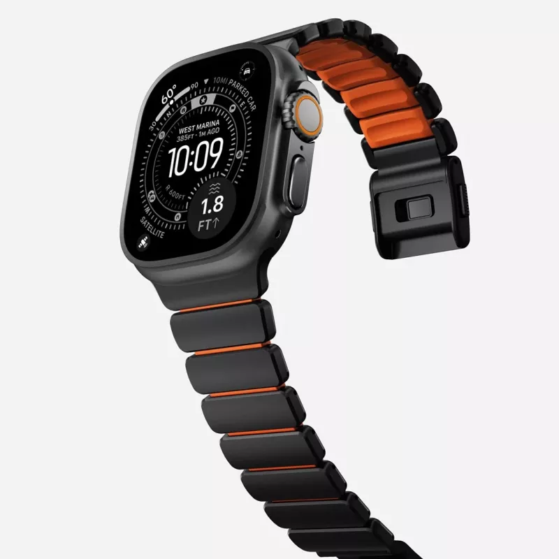 NOMAD Stratos Band - Titanium Bracelet for Apple Watch 49mm with FKM (Black Titanium, Ultra Orange FKM)