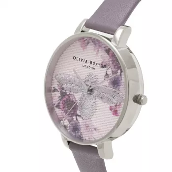 Olivia Burton Enchanted Garden Women's Watch OB16EM05 - 38mm Rose Gold Stainless Steel Case, White Floral Dial, Mink Grey Leather Strap