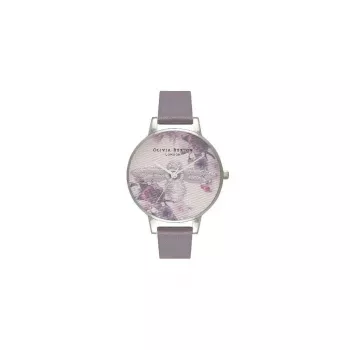 Olivia Burton Enchanted Garden Women's Watch OB16EM05 - 38mm Rose Gold Stainless Steel Case, White Floral Dial, Mink Grey Leather Strap