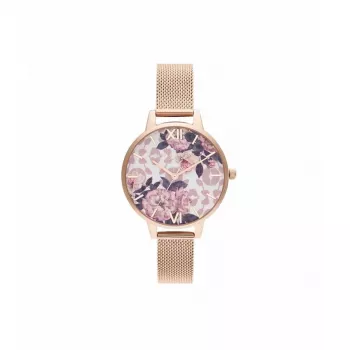 Olivia Burton Women's Lucky Bee Watch OB16LP01 - 34mm Rose Gold Case, White Dial, Grey Leather Strap