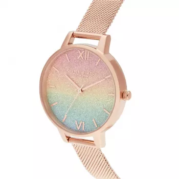 OLIVIA BURTON Women's Rainbow Bee Watch OB16RB18 - 34mm Stainless Steel Case, Grey Leather Strap, White Dial with Rainbow Bee Motif, Quartz Movement