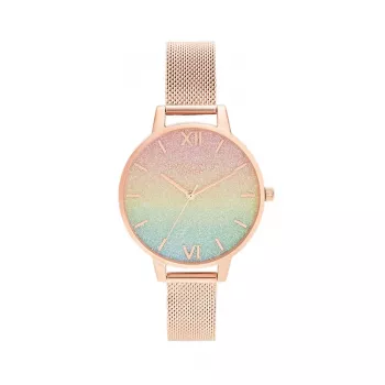 OLIVIA BURTON Women's Rainbow Bee Watch OB16RB18 - 34mm Stainless Steel Case, Grey Leather Strap, White Dial with Rainbow Bee Motif, Quartz Movement