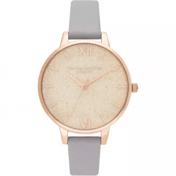 Olivia Burton Women's Watch OB16GD45 34 mm Grey Glitter Dial Rose Gold Plated Stainless Steel Leather Strap
