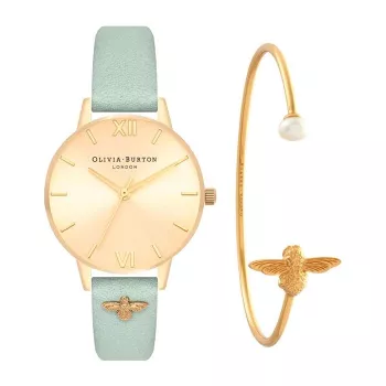 Olivia Burton Women's Watch OBGSET116 34mm Rose Gold with Floral Dial and Grey Leather Strap plus Bracelet