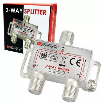 OPTICUM ANT0041 2-Way Satellite & Terrestrial TV Signal Splitter, 5-2400 MHz, F-Type, DC Pass