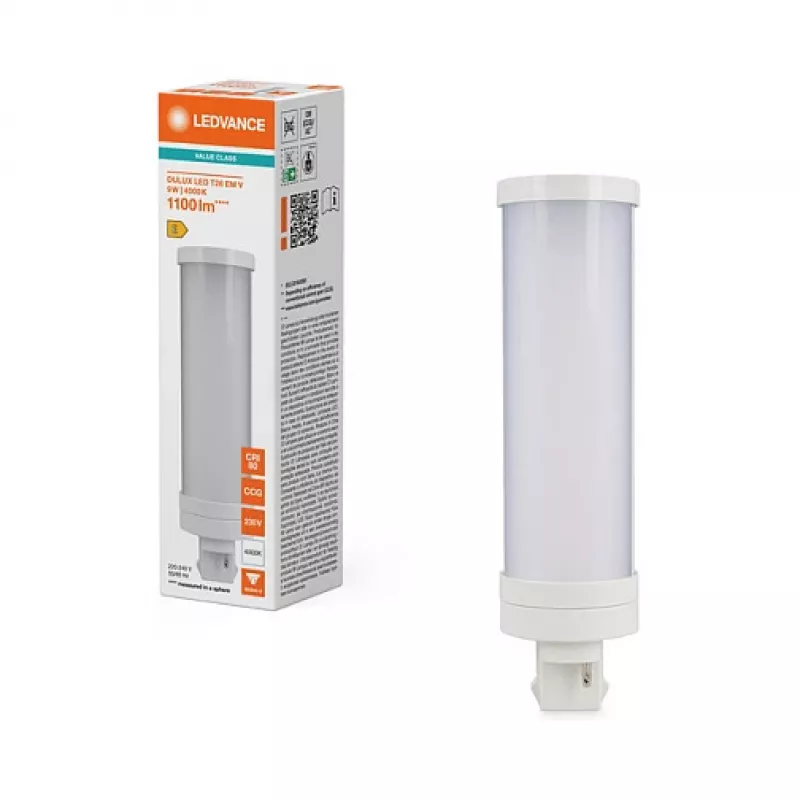 OSRAM DULUX T26 EM V 9W/840 LED Retrofit Lamp, GX24d-3, 1100 lm, 4000 K Cool White, 9W (Replaces 26W CFL)