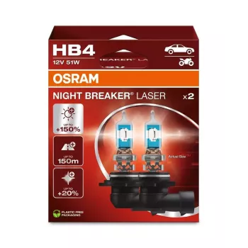 OSRAM Night Breaker Laser HB4 (Set of 2) - 12V 51W P22d Halogen Headlight Bulbs, Up to 150% More Brightness, 150m Beam, 20% Whiter Light, White