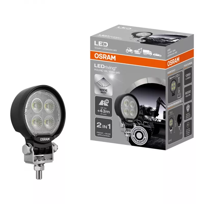 Osram ROUND WL VX80-WD LED Work Light, 10W, 12/24V, 800lm, 6000K, Wide Beam, IP67, ECE R10, DT Connector, 80mm