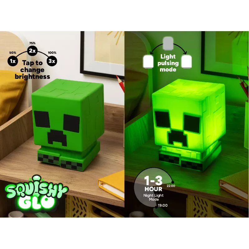 Paladone Minecraft Creeper SquishyGlo Silicone Light Rechargeable – Dimmable Green LED Night Light with 3 Brightness Levels and Micro USB Charging