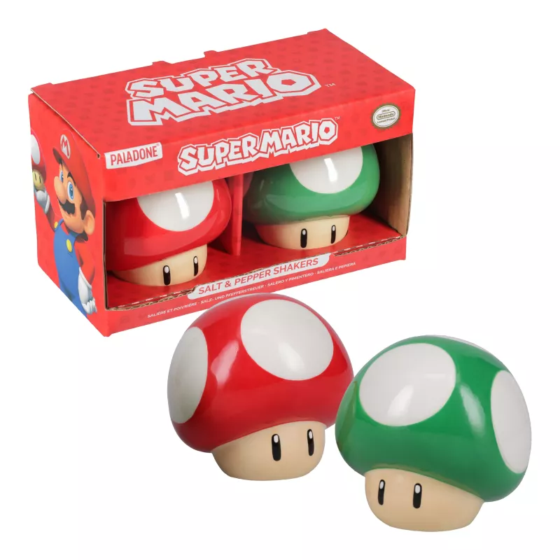 Paladone Super Mario Mushroom Salt and Pepper Shaker Set (Red Super Mushroom & Green 1-Up Mushroom)