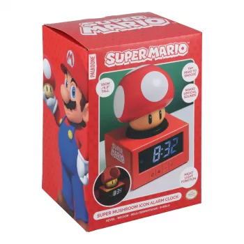 Paladone Super Mario Super Mushroom Icon Alarm Clock - Digital LCD, USB Powered, Official Nintendo Sound Effects, Red/White