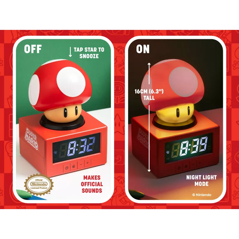 Paladone Super Mario Super Mushroom Icon Alarm Clock - Digital LCD, USB Powered, Official Nintendo Sound Effects, Red/White